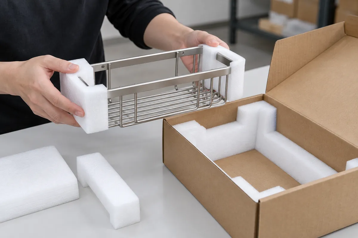 Buyer reviewing foam inserts and a packed metal hardware sample.