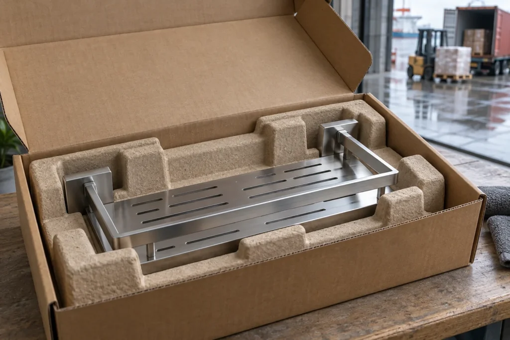 Molded-pulp tray nested around a metal bathroom shelf component.