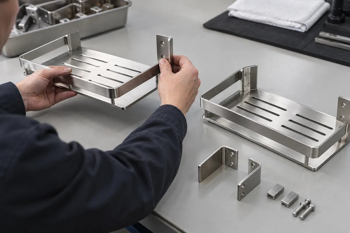Buyer assembling two production-intent metal storage samples for fit review.