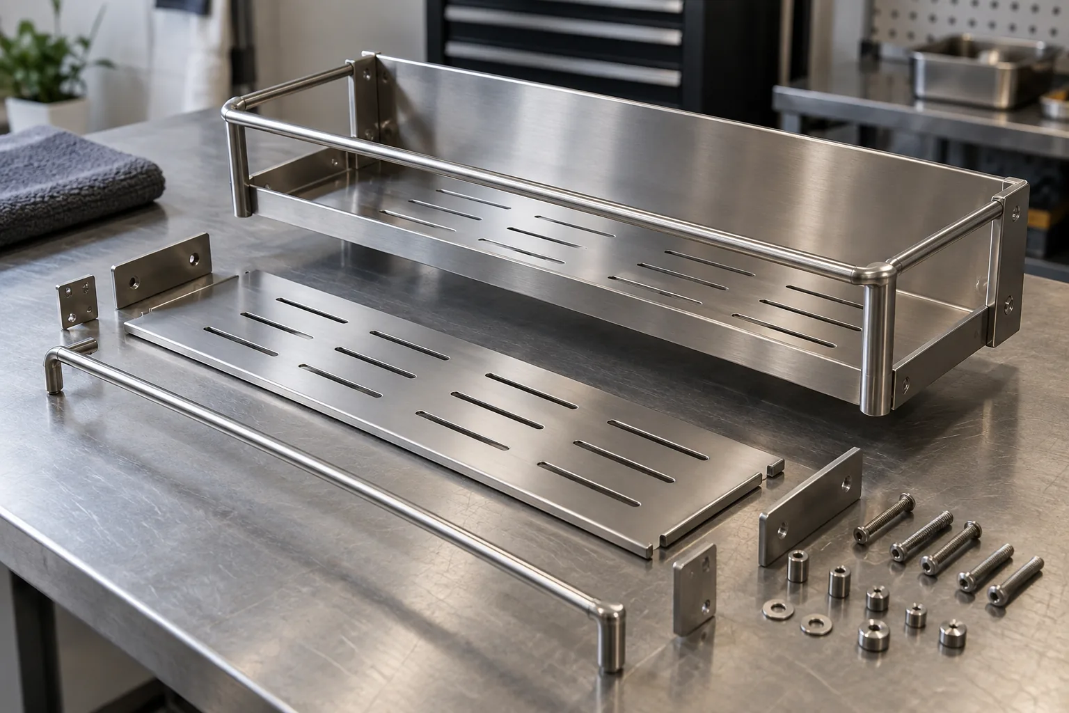 Several metal storage hardware components aligned into a complete shelf assembly.