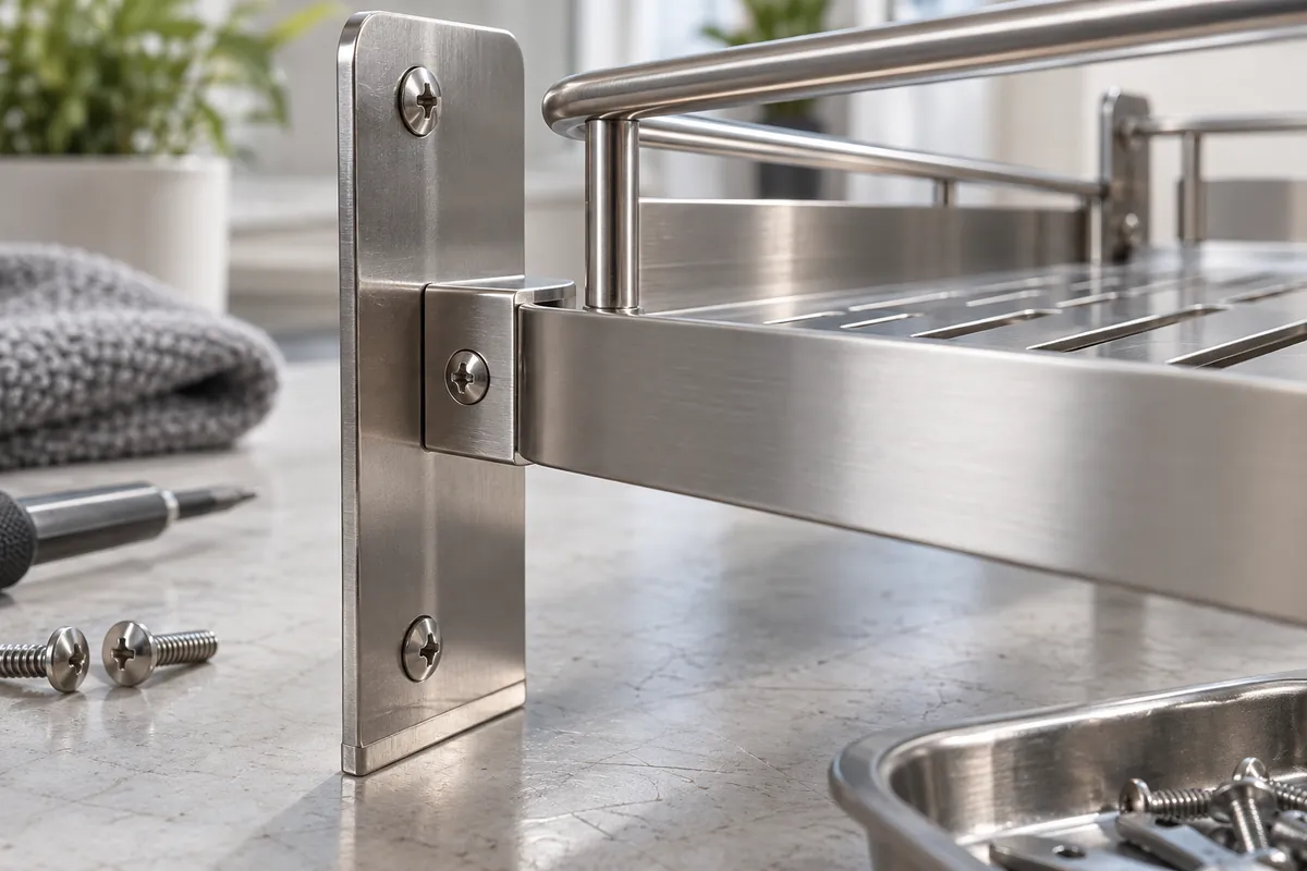 Close view of mating tabs, brackets and shelf interfaces aligned without measurement labels.