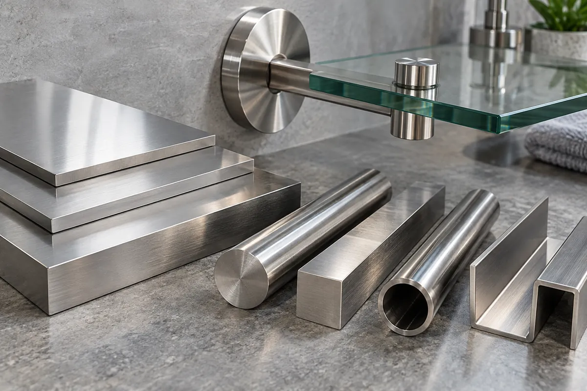 Close surface detail on polished stainless coupons and a wetted metal product in neutral light without corrosion claims.