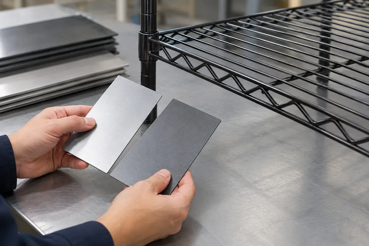 Buyer comparing sheet samples and a finished coated shelf.
