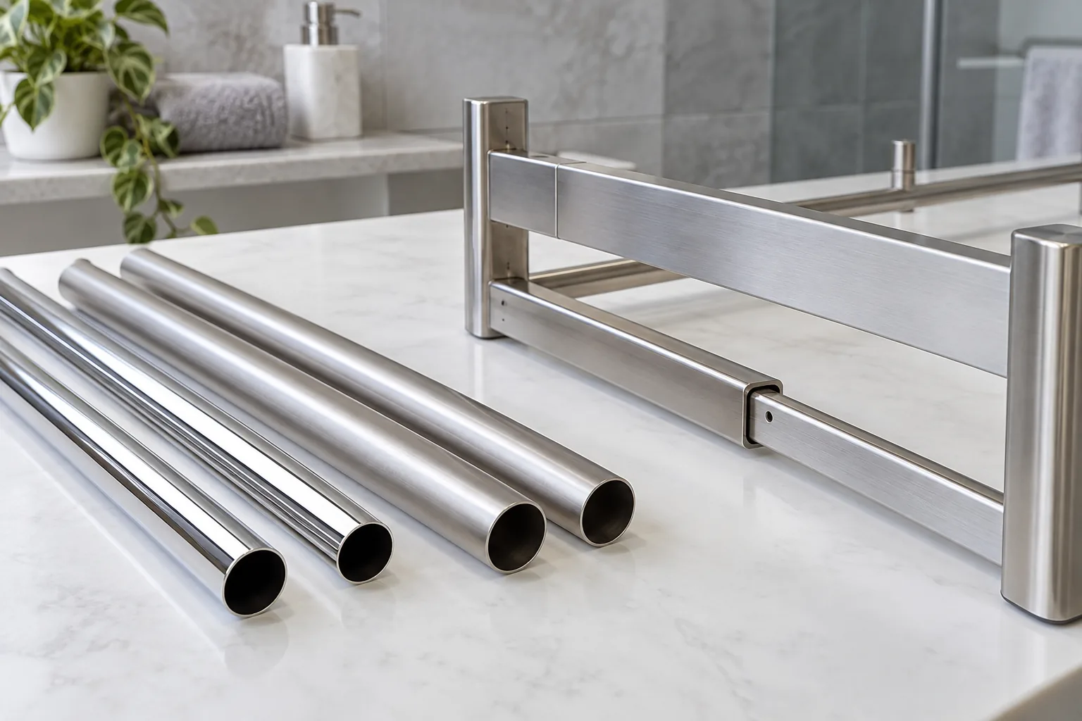 Two unmarked steel tube samples with clean cut ends beside a telescoping storage frame.