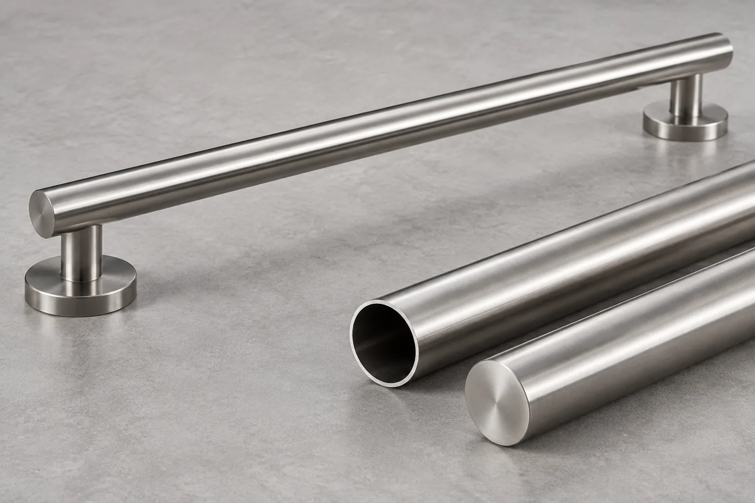 Polished stainless towel-bar tubes and a finished wall-mounted towel bar.