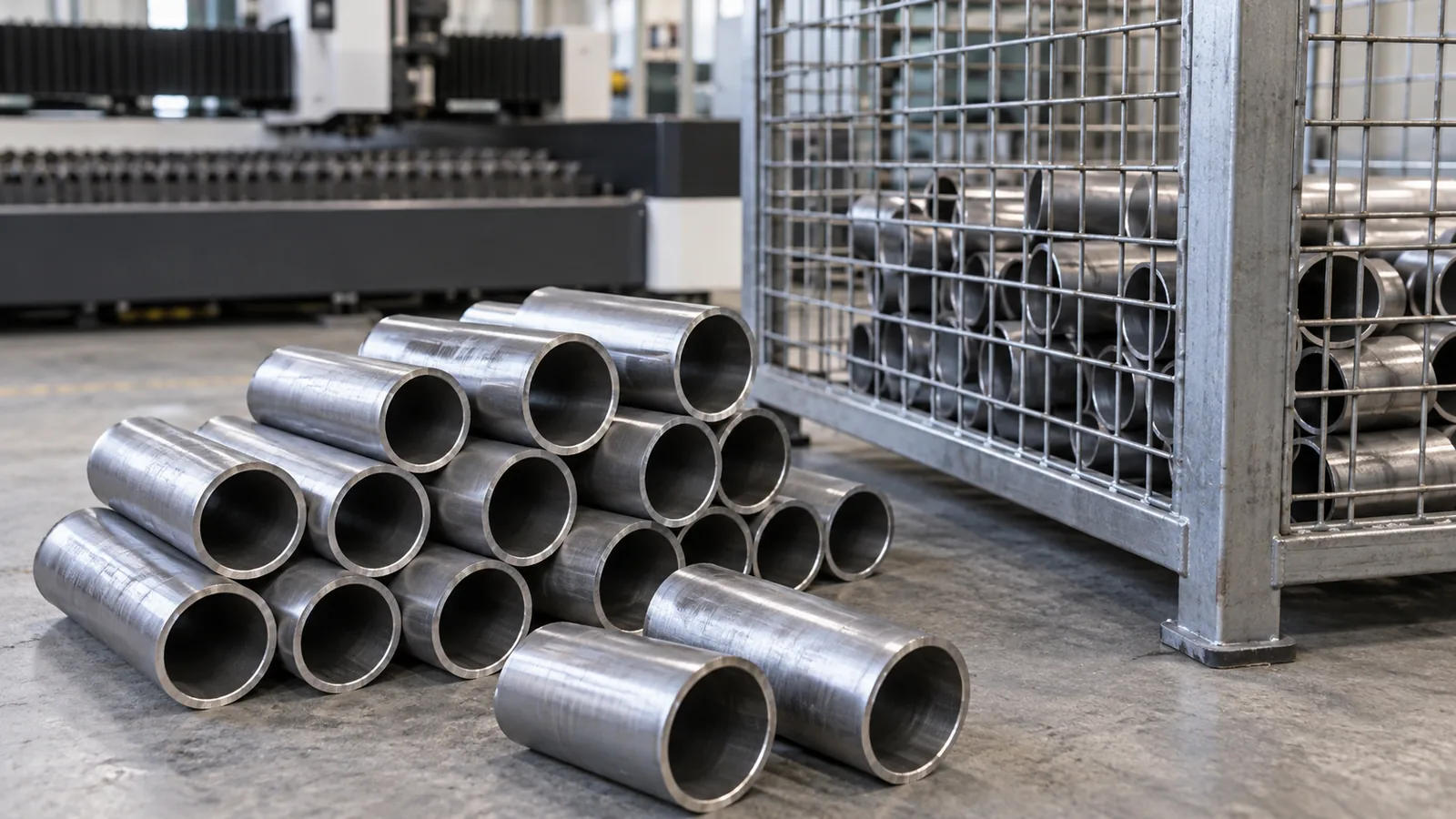 Precision-cut metal tubes arranged beside a square storage frame prototype.