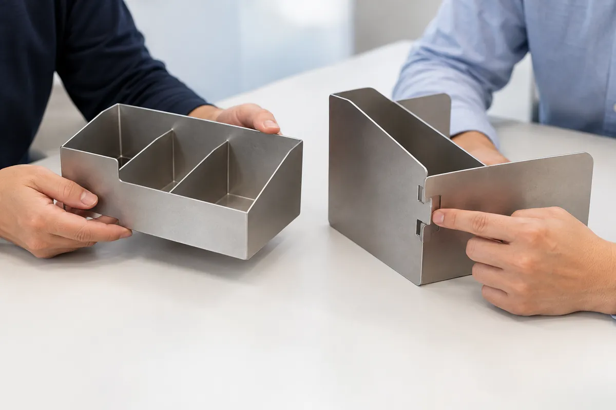 Buyer inspecting assembled organizer panels and tab joints.