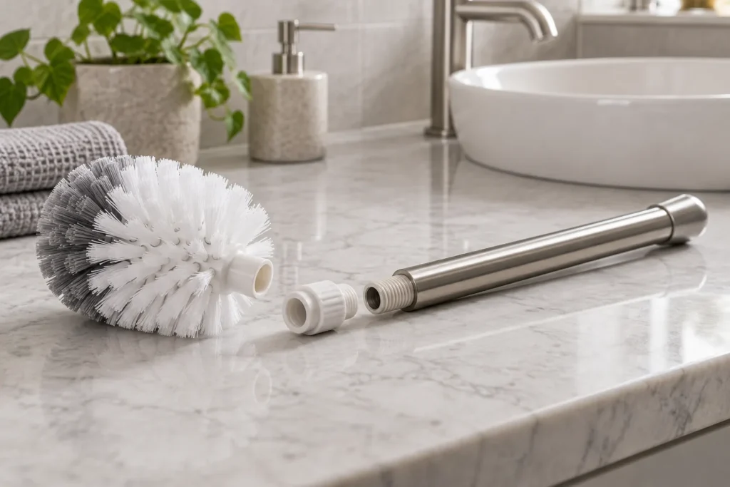 Unbranded replaceable toilet-brush head and handle interface on a clean bathroom accessory sample bench.
