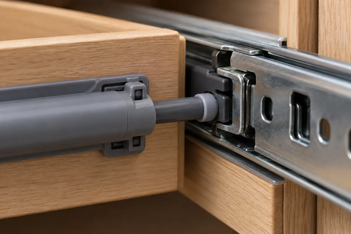 Macro of damper, slide and basket interface on a neutral product-development bench.