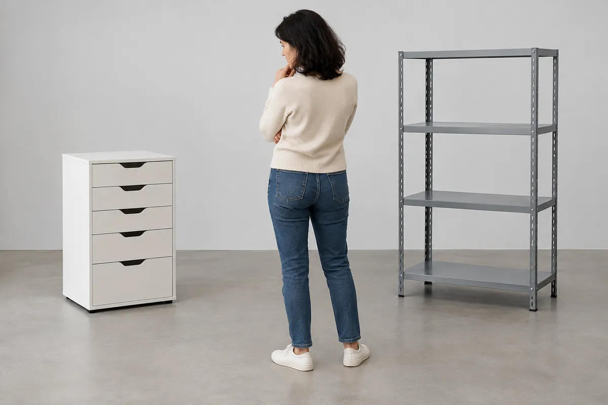 Buyer comparing storage product forms and intended-use documents without readable text.