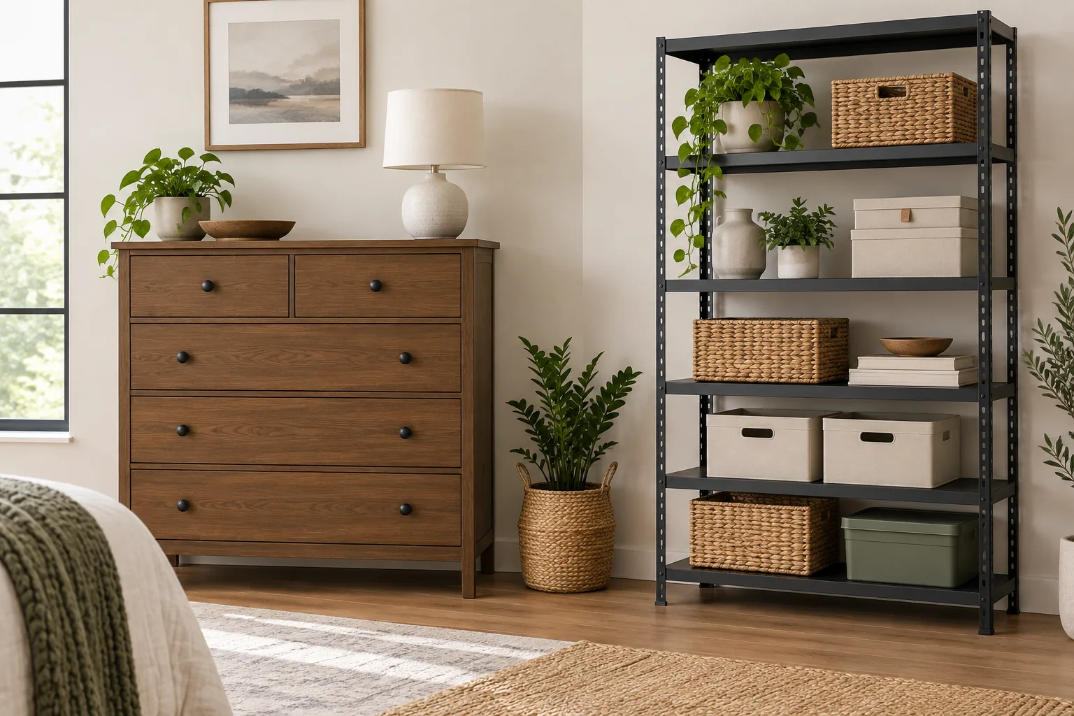 A freestanding drawer storage unit and a separate open metal shelving unit shown as distinct product samples.