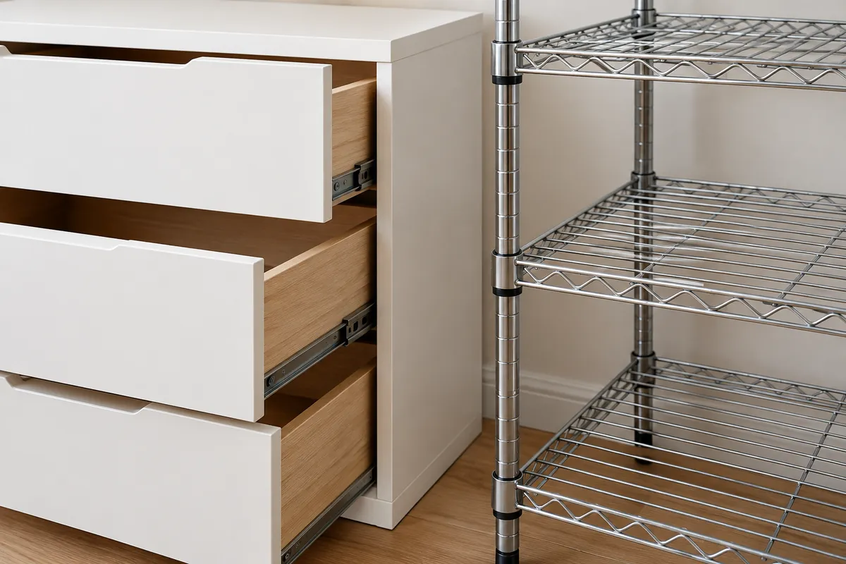 Neutral product classification review with an unmarked drawer unit and open shelf, no tip-over demonstration.