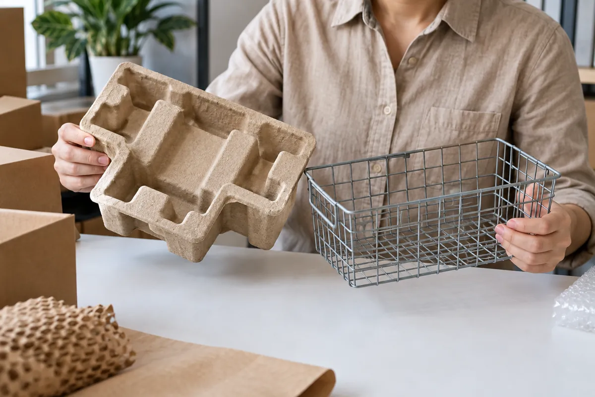 Buyer reviewing packaging component samples and carton contents.