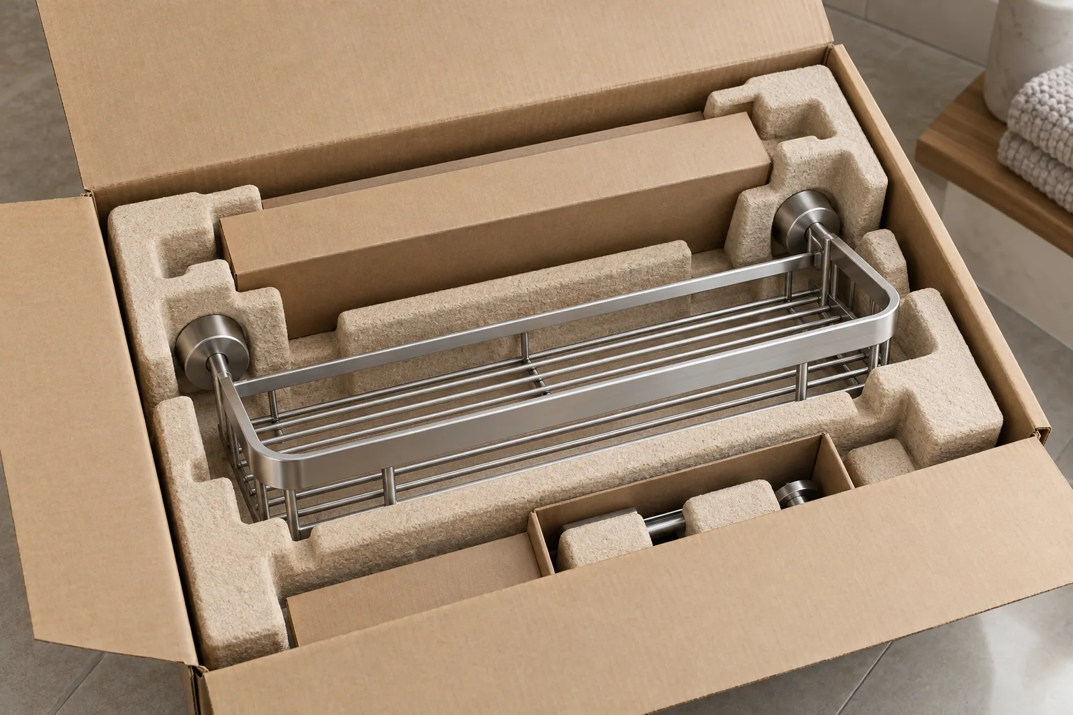 Bathroom hardware packed with separate paperboard, molded-fiber and plastic packaging components.