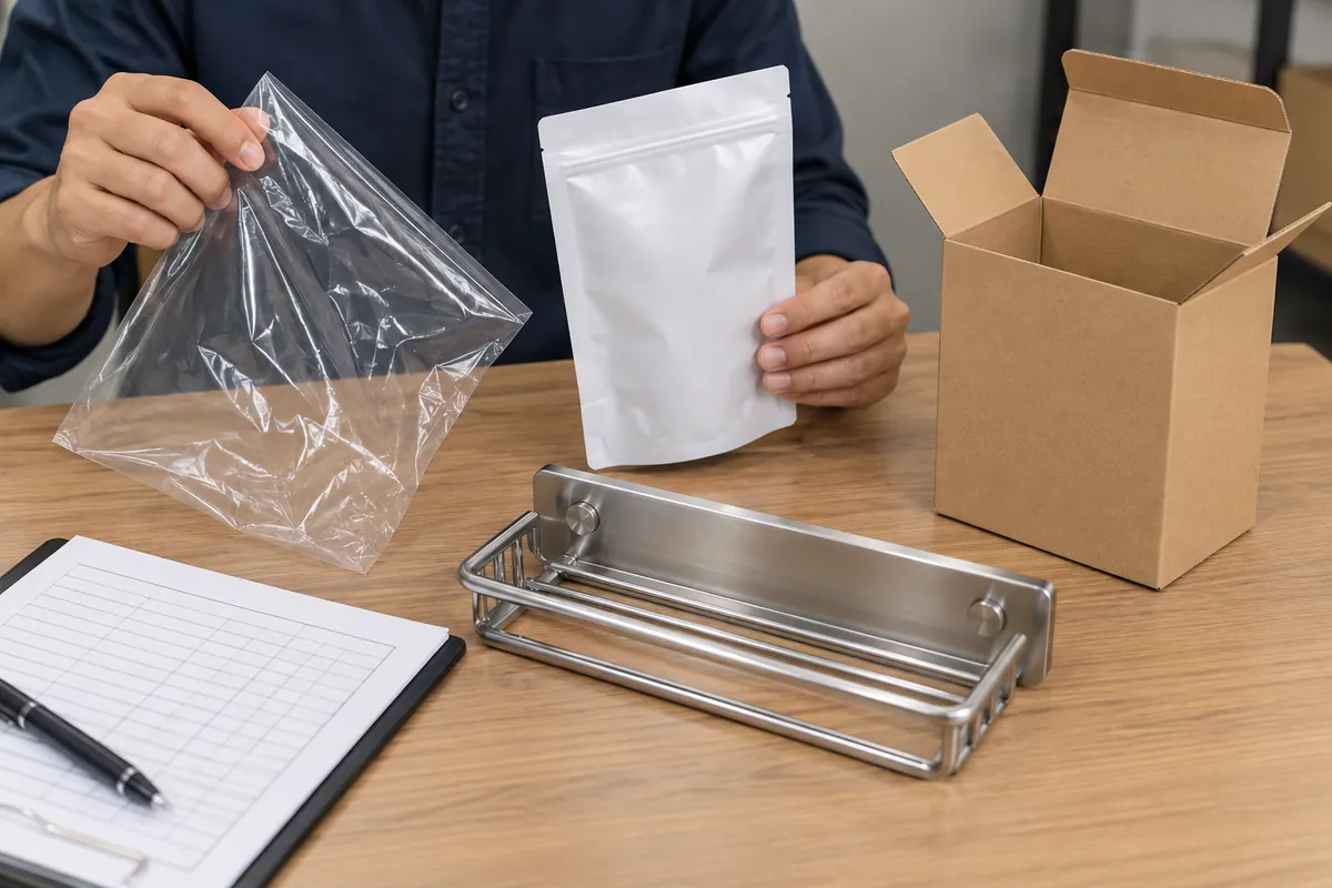 Buyer reviewing packaging samples and supplier records without visible text.