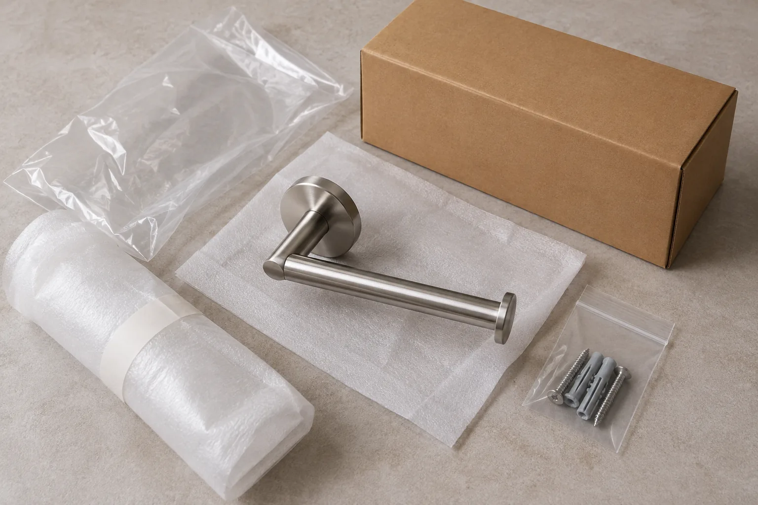Metal bathroom hardware with a carton, plastic protective bag and unmarked packaging component samples.