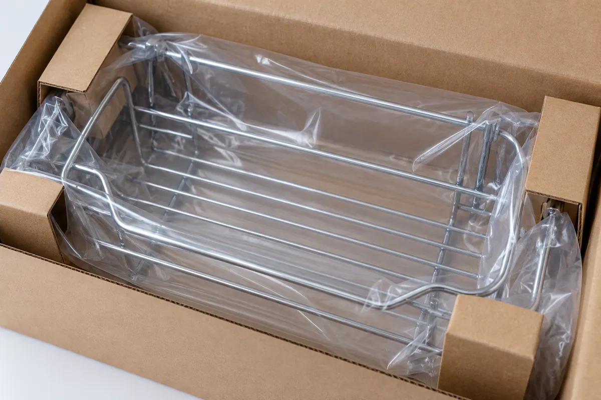 Close view of plastic packaging components and a non-readable weighing device screen, no tax or recycled-content claim.