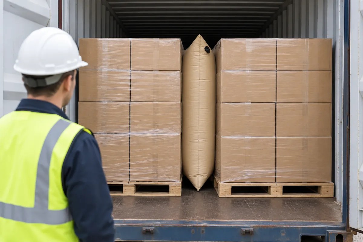Buyer reviewing a pallet load plan and dunnage fit with unmarked cartons.