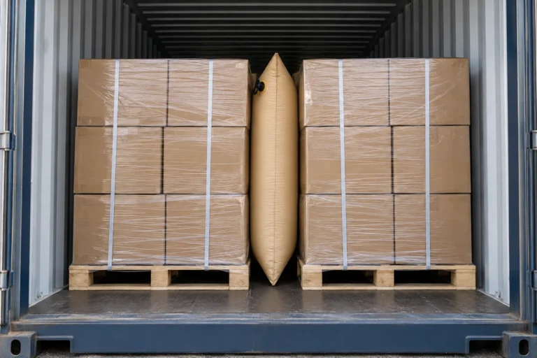 Palletized cartons of metal bathroom hardware secured in a shipping container with an inflatable dunnage bag filling a side void.