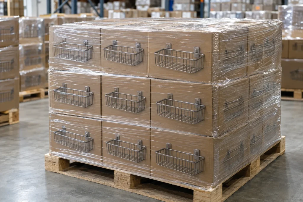 a pallet of boxed metal bathroom baskets wrapped for transit with stretch film visibly securing load.