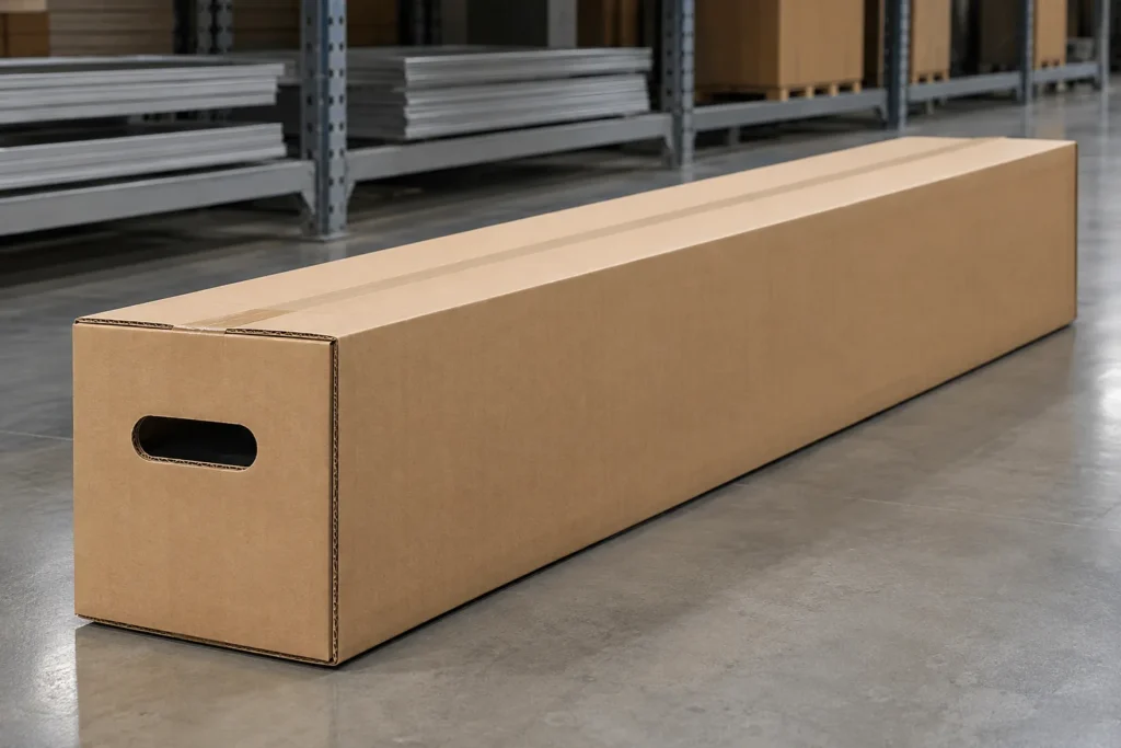 a long corrugated carton for a metal storage rack with clean reinforced hand holes.