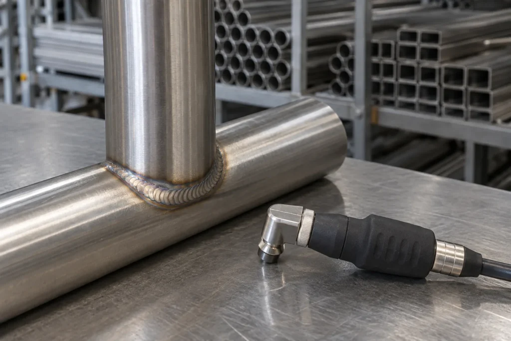 stainless tube weld sample with a neat bead beside an unmarked handheld inspection probe, no numeric screen.