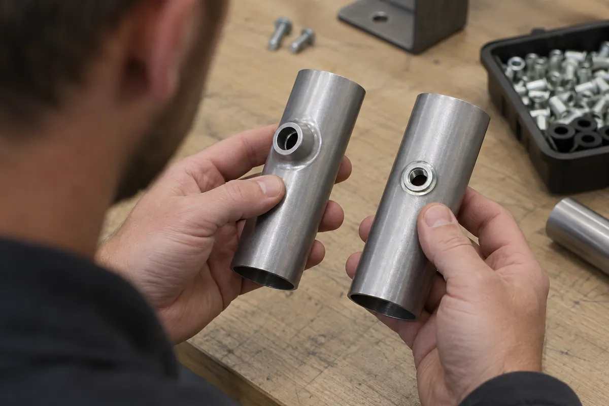 buyer comparing unmarked tube fastening samples beside a storage rack frame.