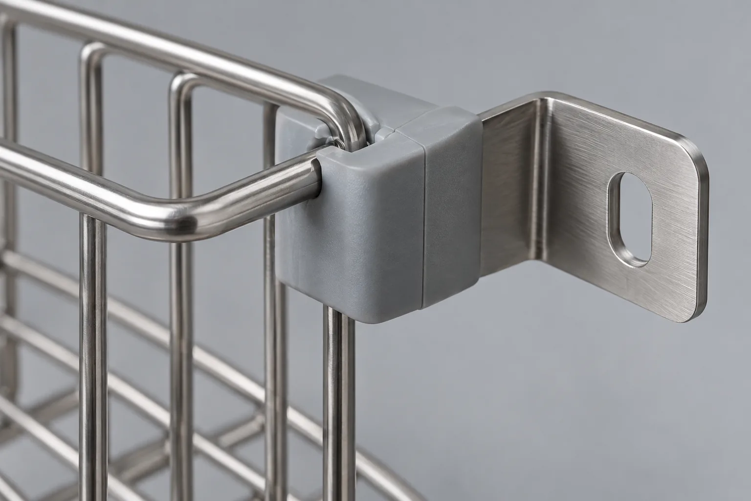 unbranded plastic bracket halves with an ultrasonic joint interface shown beside metal storage hardware, conceptual purchased component.