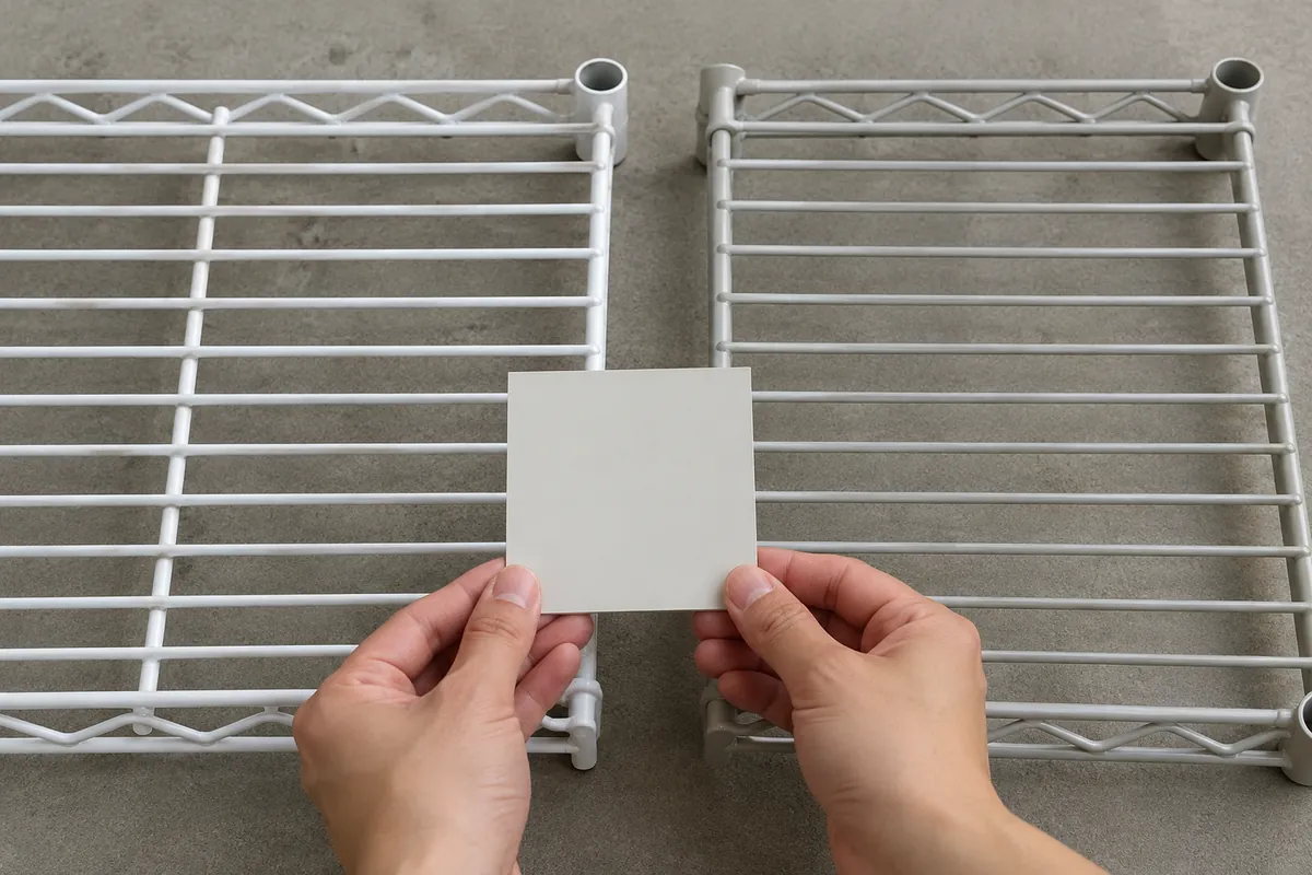 buyer comparing coated wire shelf samples under neutral light with unmarked coating samples.