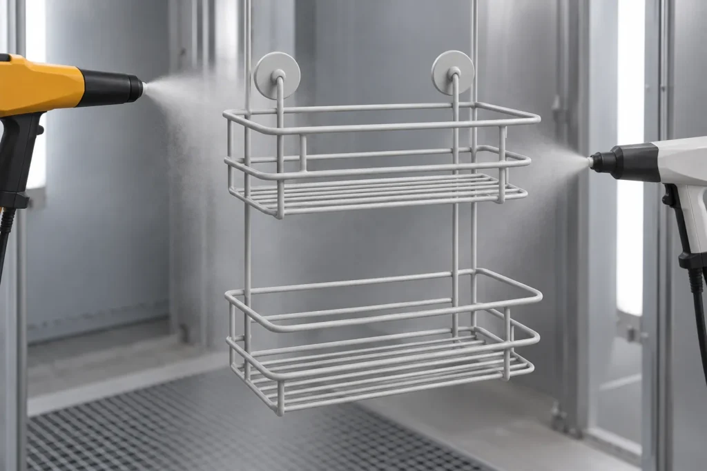 powder-coated wire storage shelf samples beside two unbranded powder application gun shapes, not implying Koitor owns equipment.