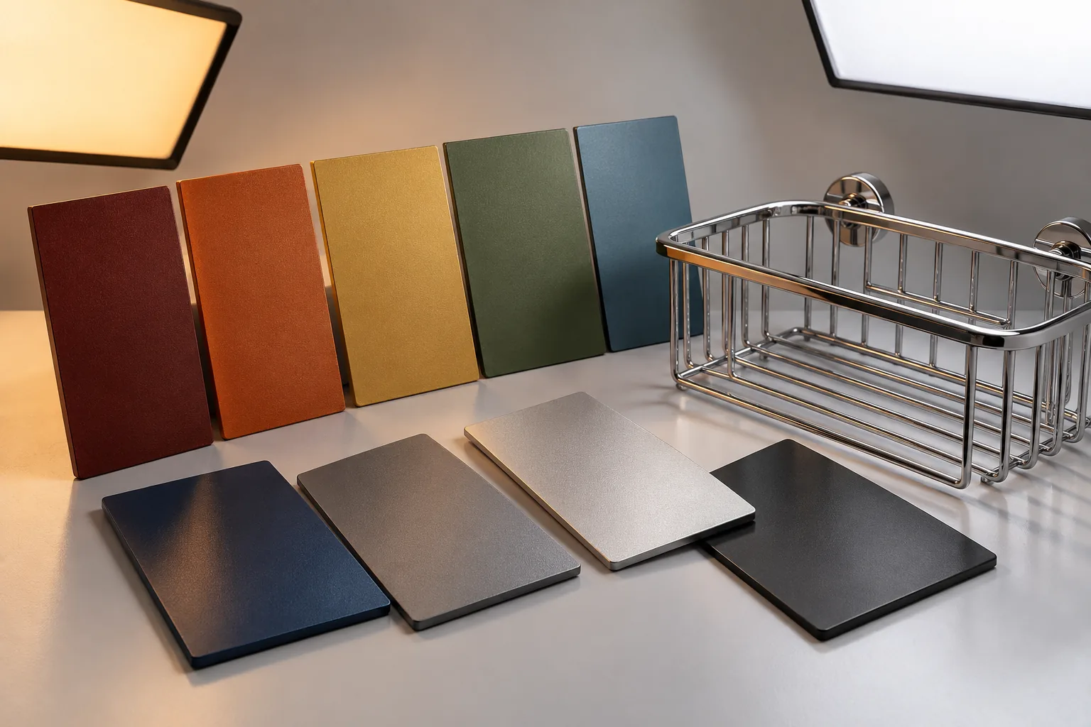 powder-coated bathroom shelf color samples arranged beneath two neutral lighting conditions, no labels or swatches numbers.