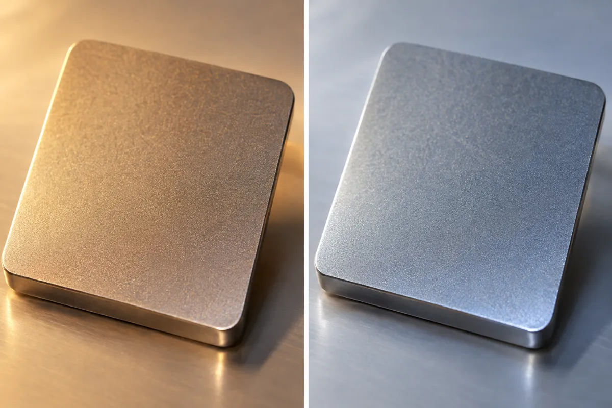 close-up of two near-matching coated metal color panels under different light sources, no text.