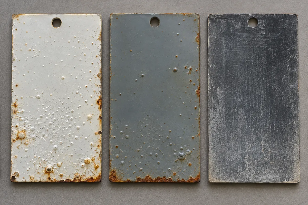 macro of coated wire and sheet-metal coupons with varied exposure appearance, no claims or test labels.