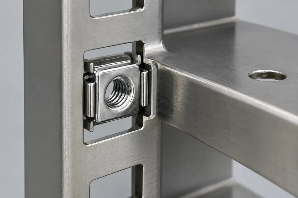 floating cage nut clipped into a rectangular sheet-metal opening beside storage rack brackets.