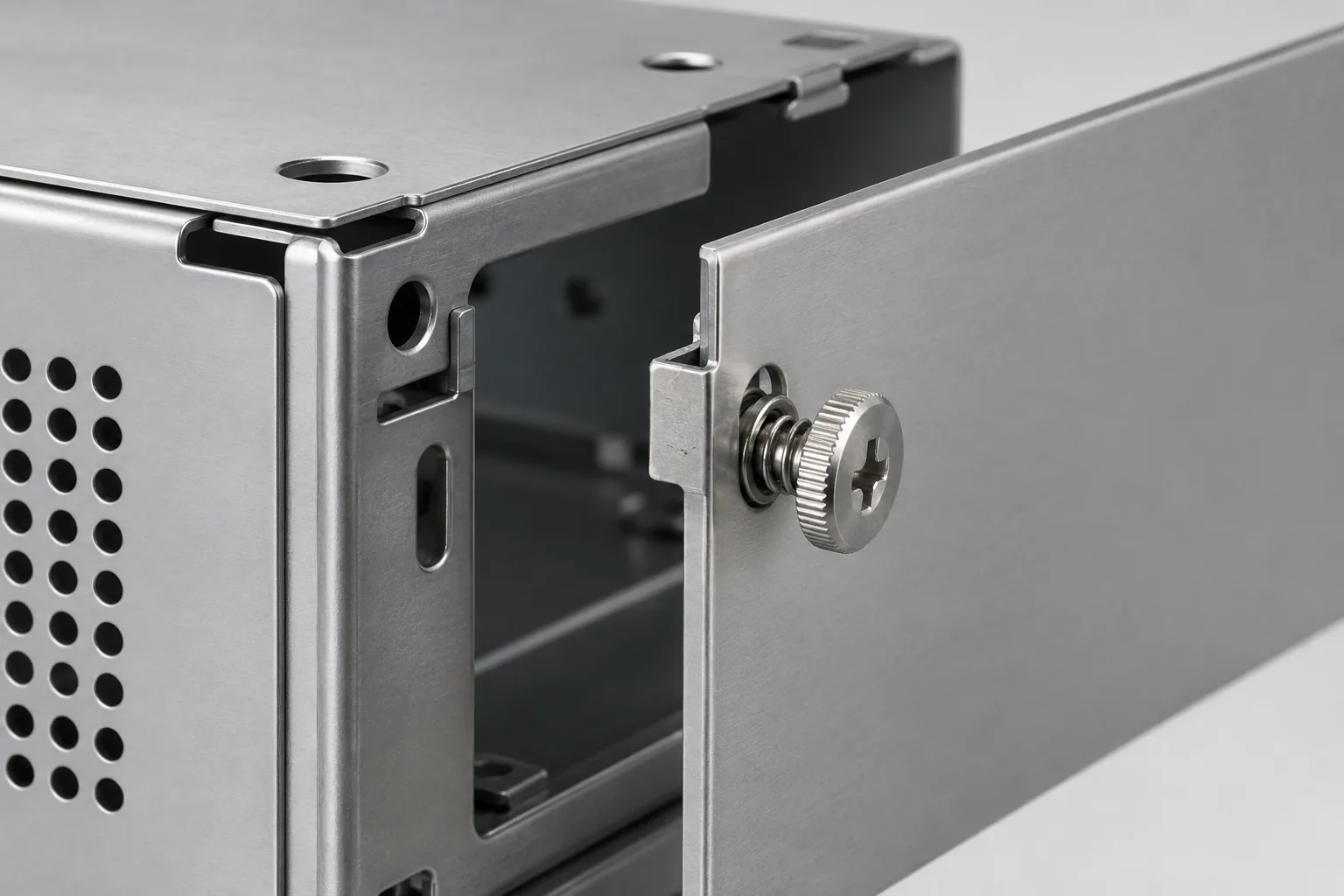 removable metal organizer cover with captive screw retained in the panel while loosened.