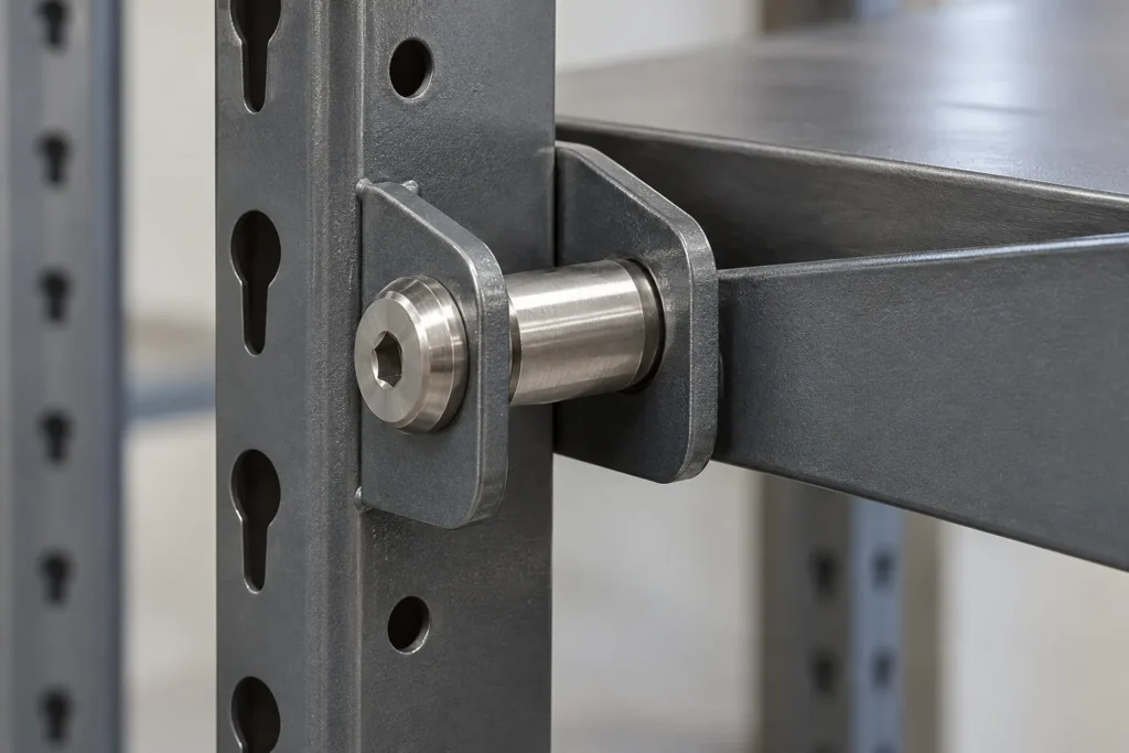 metal pivoting storage hardware hinge assembled with a shoulder screw passing through paired brackets.