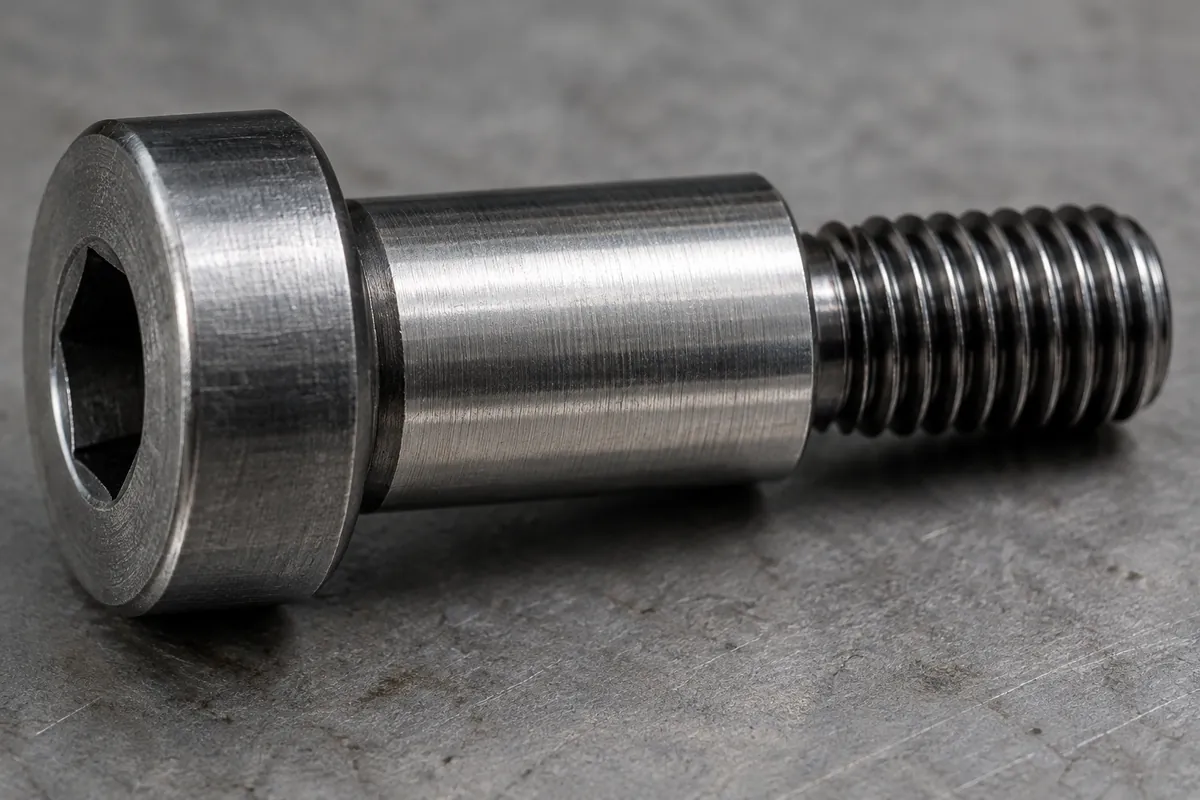 macro showing smooth shoulder bearing between two metal plates and threaded end beyond the joint.