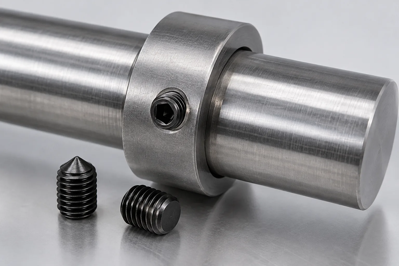 two towel-bar mounting collars with cup-point and flat-point set screws beside smooth metal shafts.
