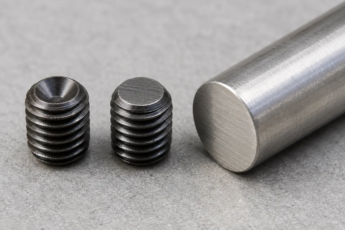macro of a cup-point and a flat-point set screw end contacting separate shaft samples, no damage exaggeration.