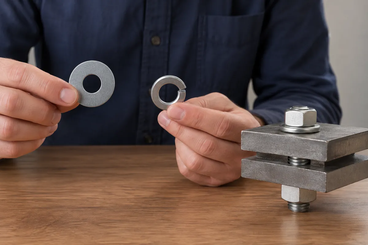 buyer comparing unmarked washer types with a bolted shelf bracket sample.