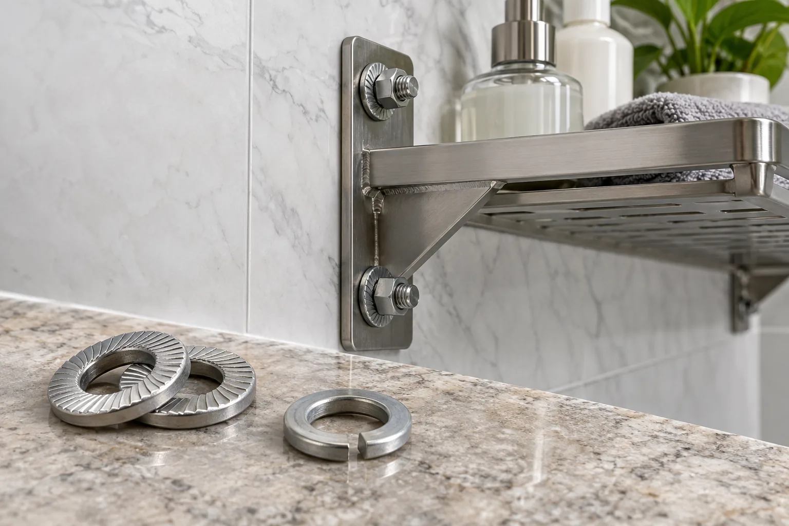 bolted metal storage rack joint with wedge-locking washer and split lock washer samples beside it.