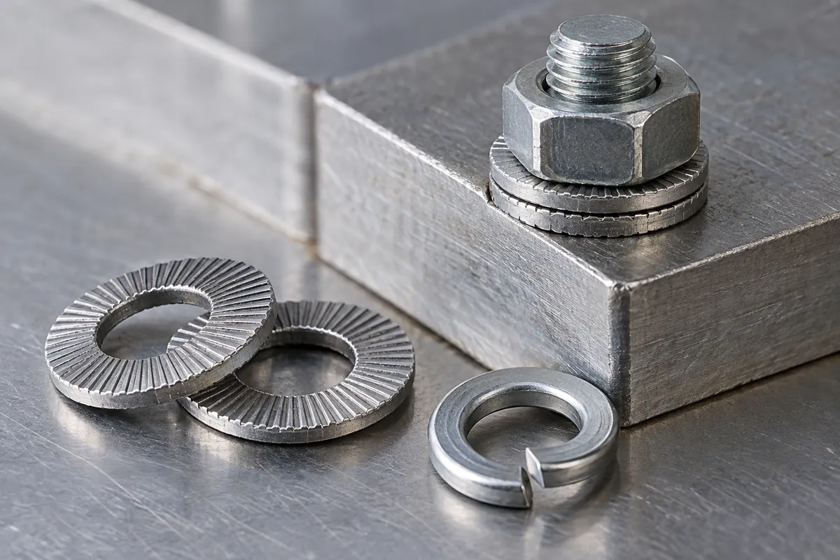 macro comparison of wedge-locking washer pair and split lock washer under a stainless bolt, no labels.