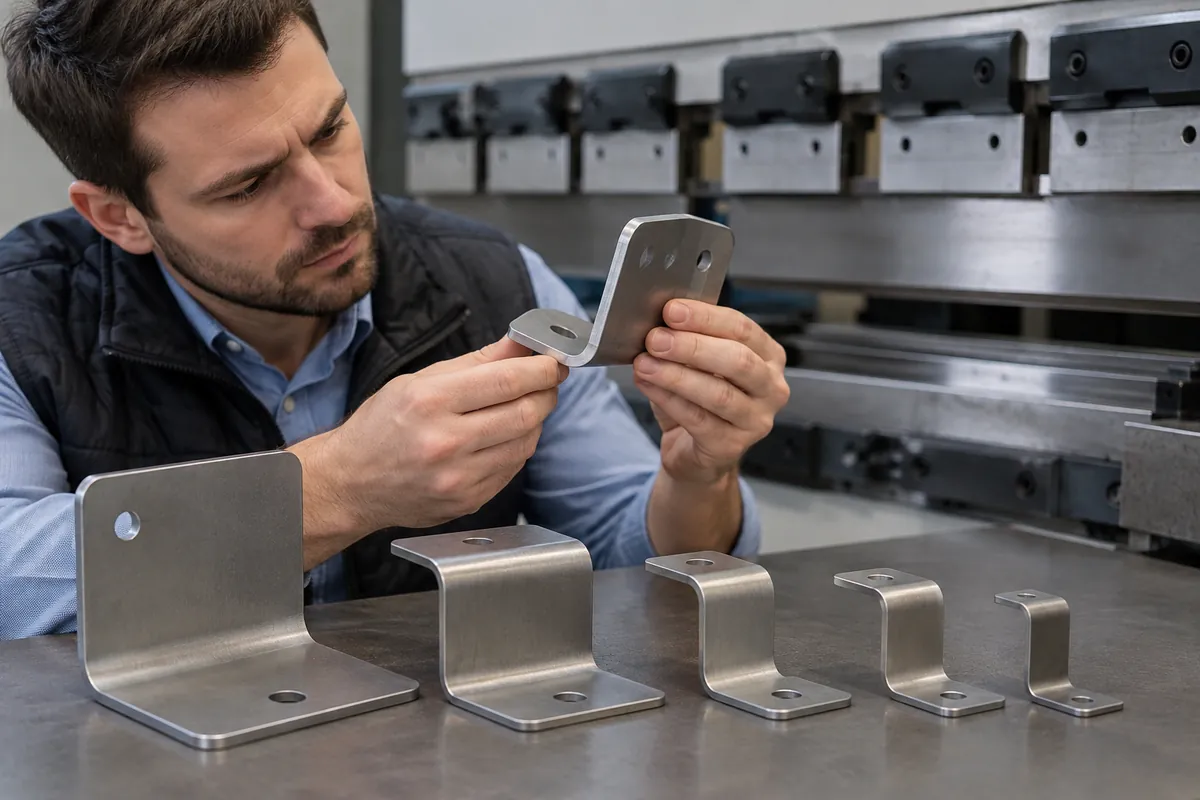 buyer inspecting formed shelf-bracket samples beside a simple press-brake tool setup.