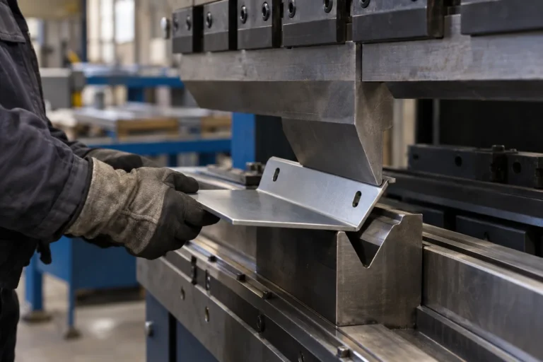press brake forming a sheet-metal storage shelf bracket with operator absent and no visible labels.