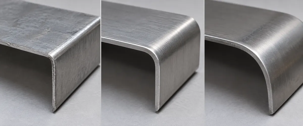 three formed sheet-metal angle samples with differing bend radii and crisp edges, no text or markings.