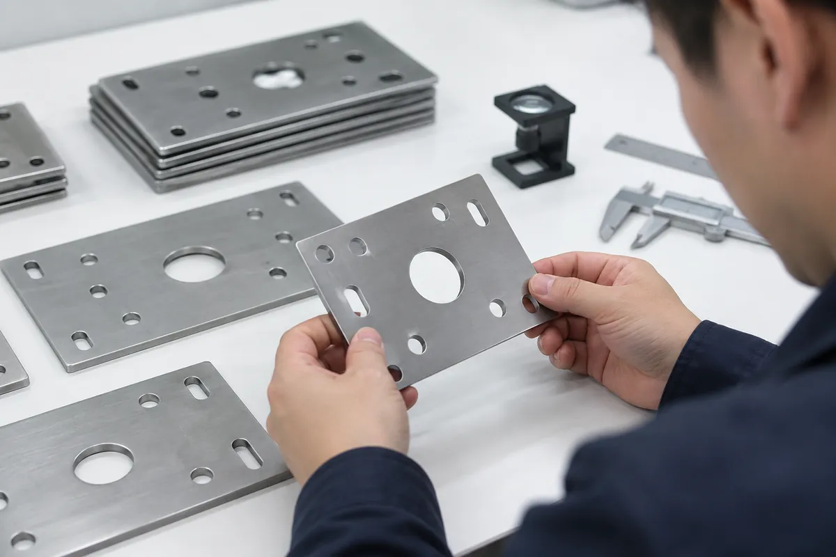 buyer inspecting unmarked punched mounting plate samples under neutral factory light.