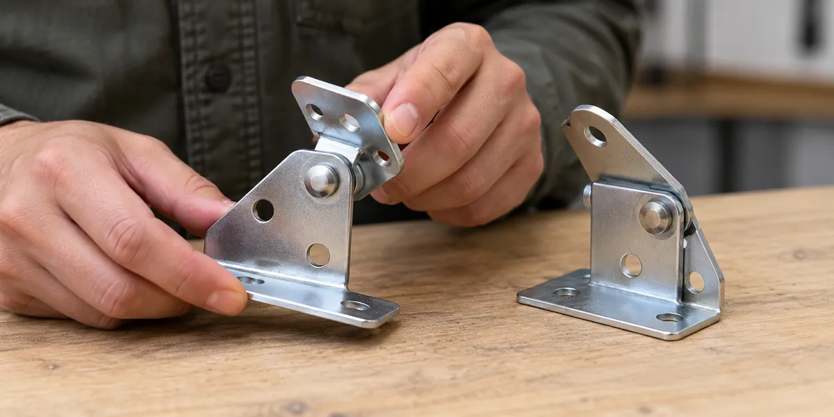 Buyer checking pivot movement and rivet clearance on two metal bracket samples