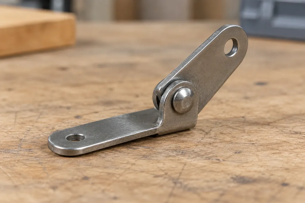 Small metal pivot joint for a storage hardware assembly with a clean formed rivet head