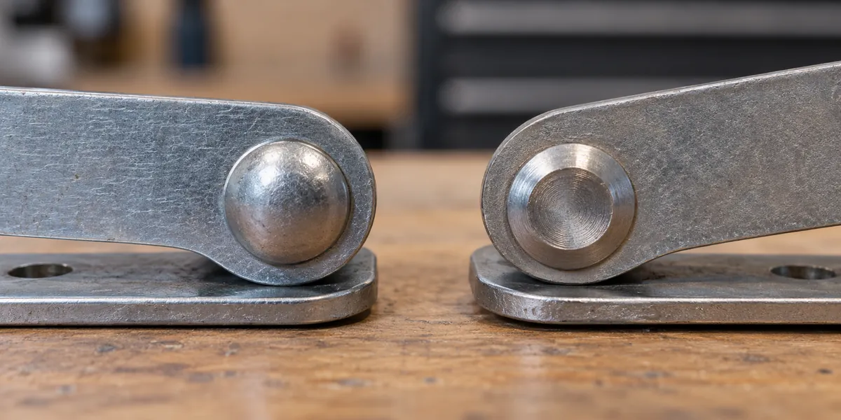 Macro comparison of orbital and radial rivet head shapes on separate metal pivot samples