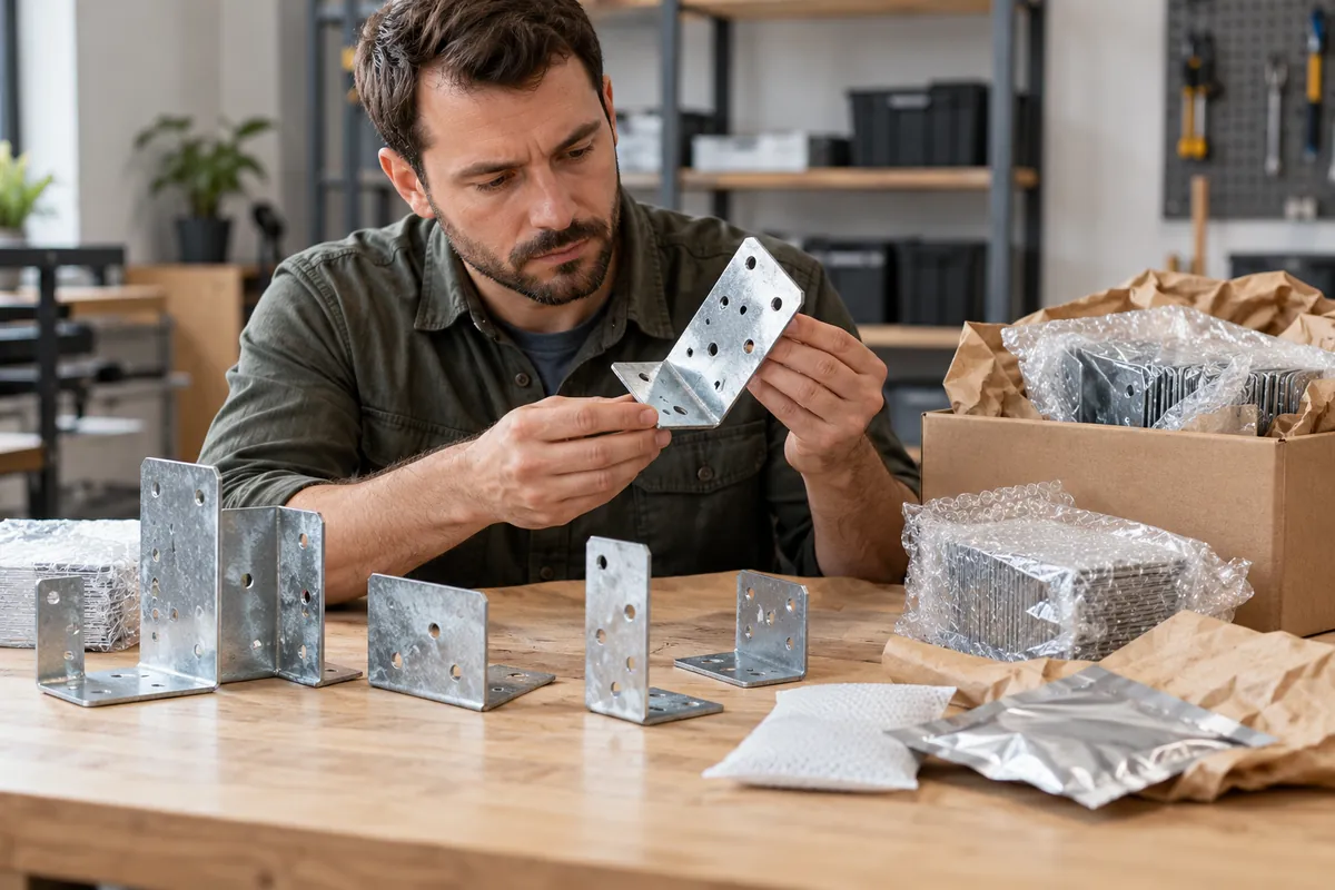 Buyer inspecting galvanized brackets and moisture-safe packaging samples